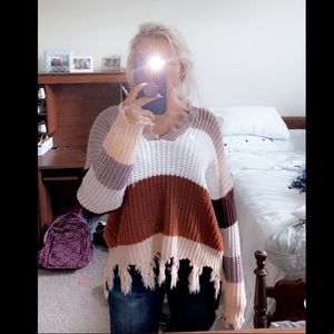 Miracle Women's V-Neck Sweater - Cream, Brown, and Tan